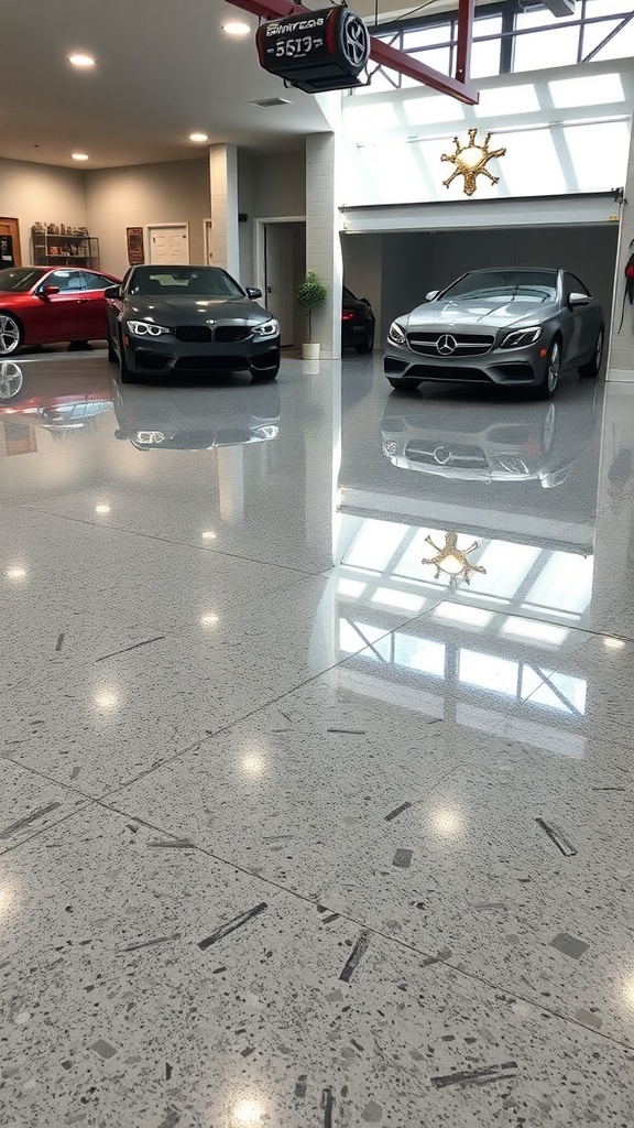 A modern garage showcasing two luxury cars on a glossy epoxy floor, reflecting light and enhancing the space.