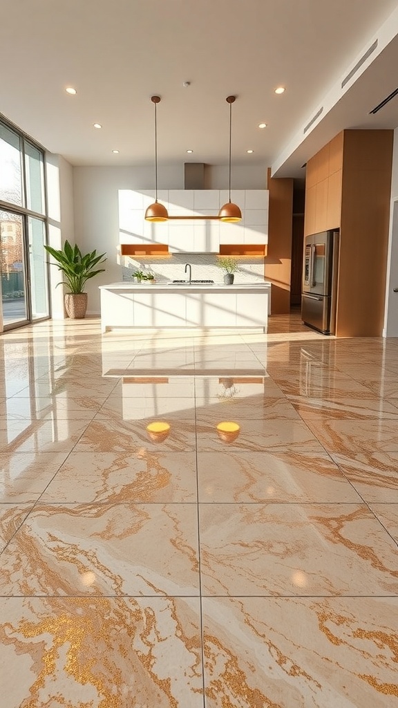 A modern kitchen featuring a marble epoxy floor with gold accents, showcasing a minimalist design.