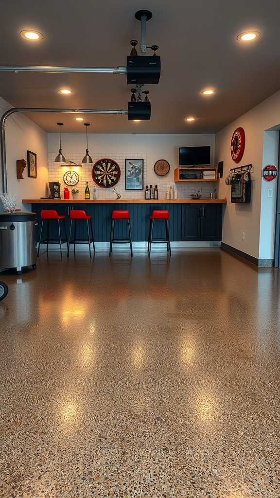 A modern indoor garage bar featuring a polished epoxy floor, rustic bar counter, and stylish lighting.