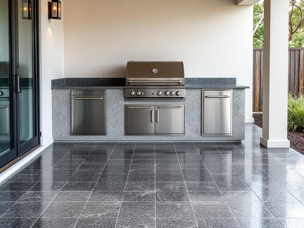Modern outdoor barbecue station with sleek epoxy flooring and stainless steel appliances