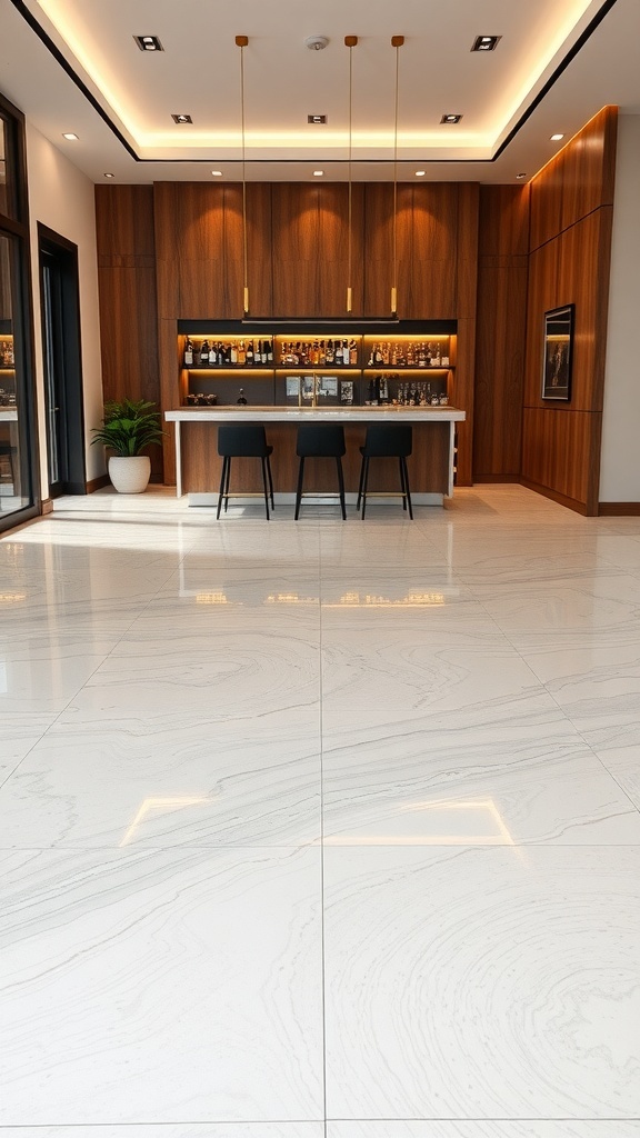 A modern bar area with polished marble epoxy flooring and wooden cabinetry.