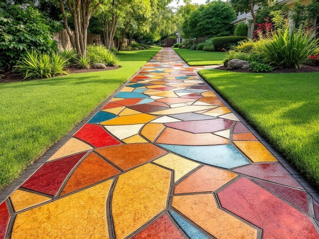 Colorful stamped concrete pathway surrounded by lush greenery