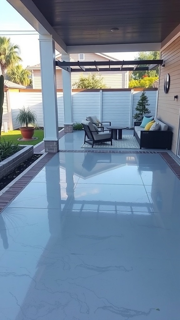Modern minimalist epoxy patio with glossy finish and comfortable seating.