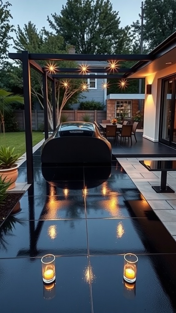 Modern outdoor dining area featuring a black epoxy concrete patio with candles and a stylish pergola