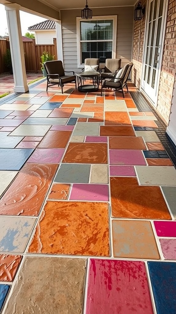 A colorful multi-colored epoxy floor on a porch, showcasing various stamped concrete patterns.