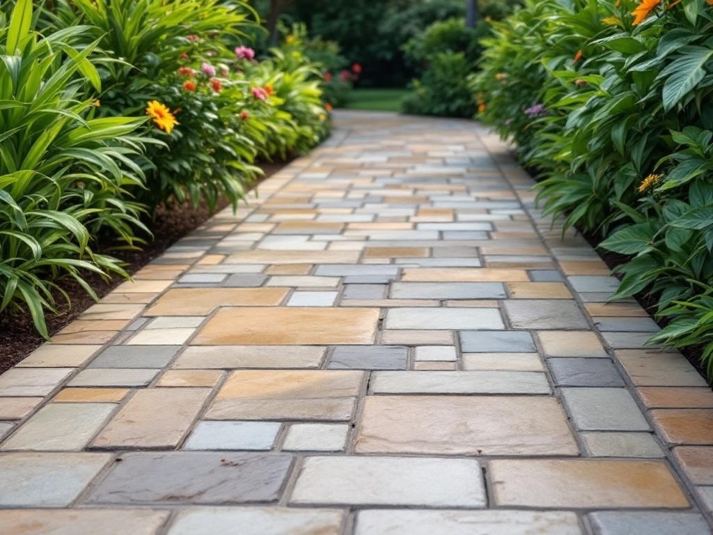 A stamped concrete pathway resembling natural stone, bordered by vibrant flowers.