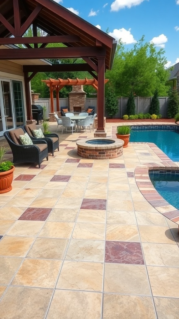 A beautifully designed patio with stamped concrete resembling natural stone, featuring a pool and outdoor seating.