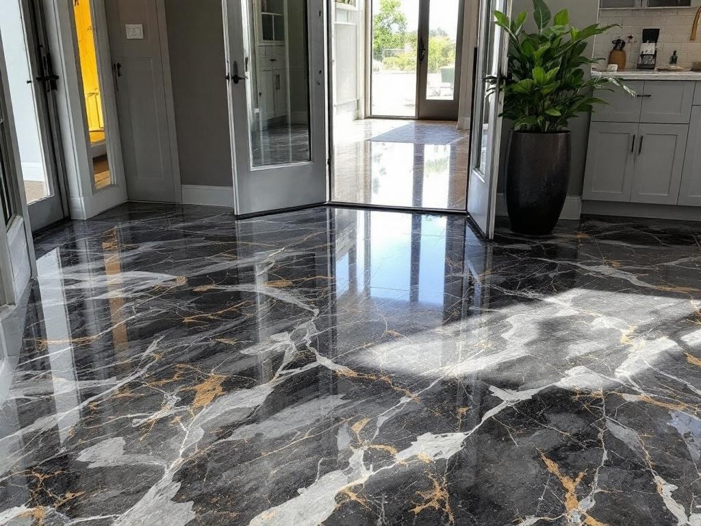 Epoxy floor with a natural stone look, showcasing rich veins and a glossy finish.