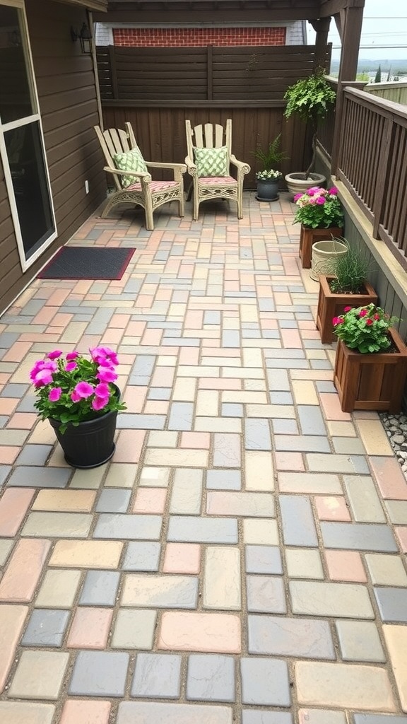 A dark gray stamped concrete patio with a fire pit, surrounded by seating and greenery, showcasing a color palette for concrete finishes.
