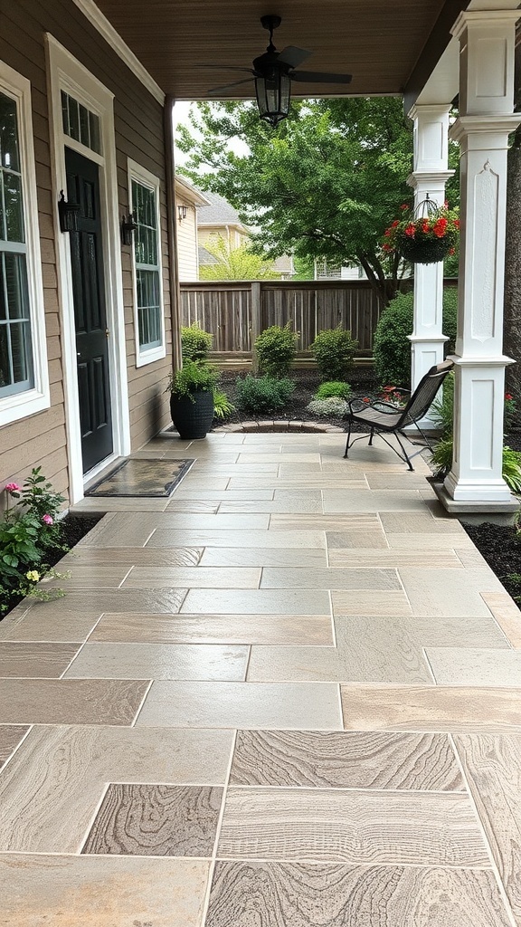 A porch featuring a natural stone look with stamped concrete, surrounded by greenery and flowers.