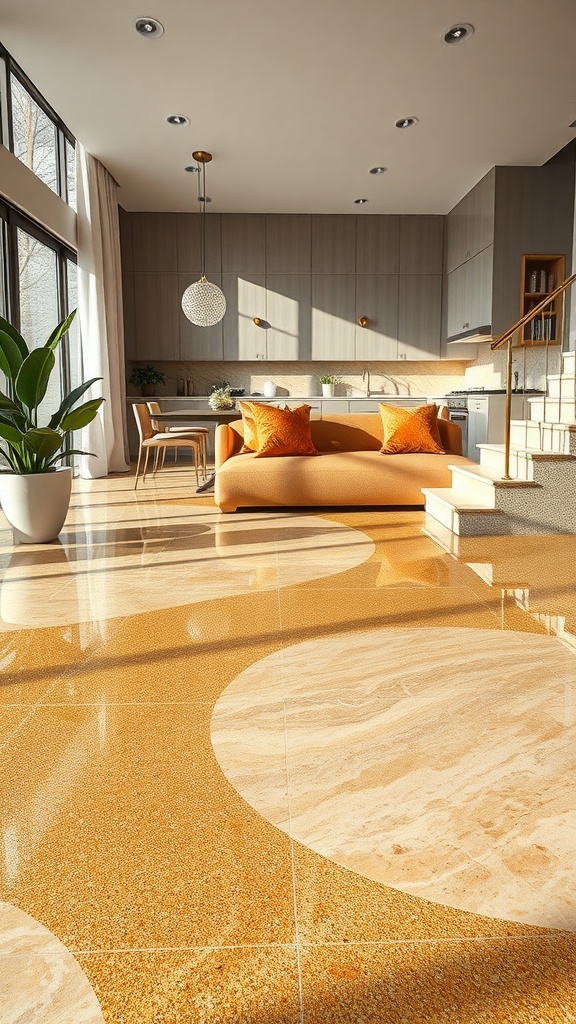 A modern living space featuring a nature-inspired epoxy floor design with warm tones and soft patterns, complemented by stylish furniture.