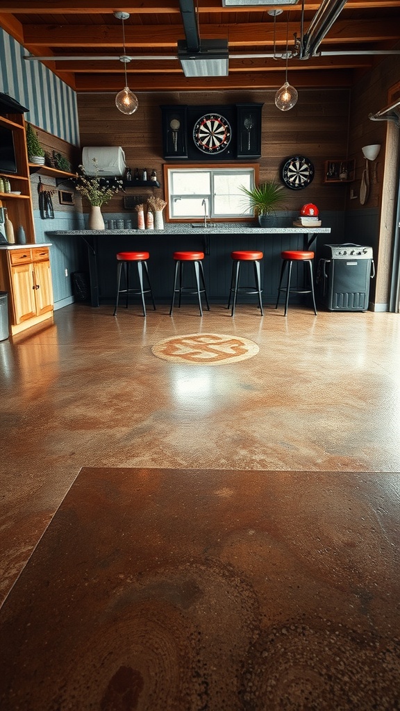 A rustic garage bar featuring polished epoxy flooring with earthy tones, wooden elements, and stylish bar stools.