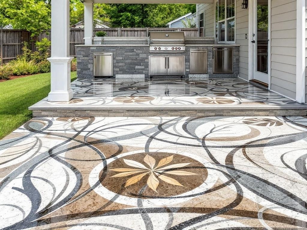 An outdoor barbecue station with a decorative epoxy floor featuring leaf motifs.