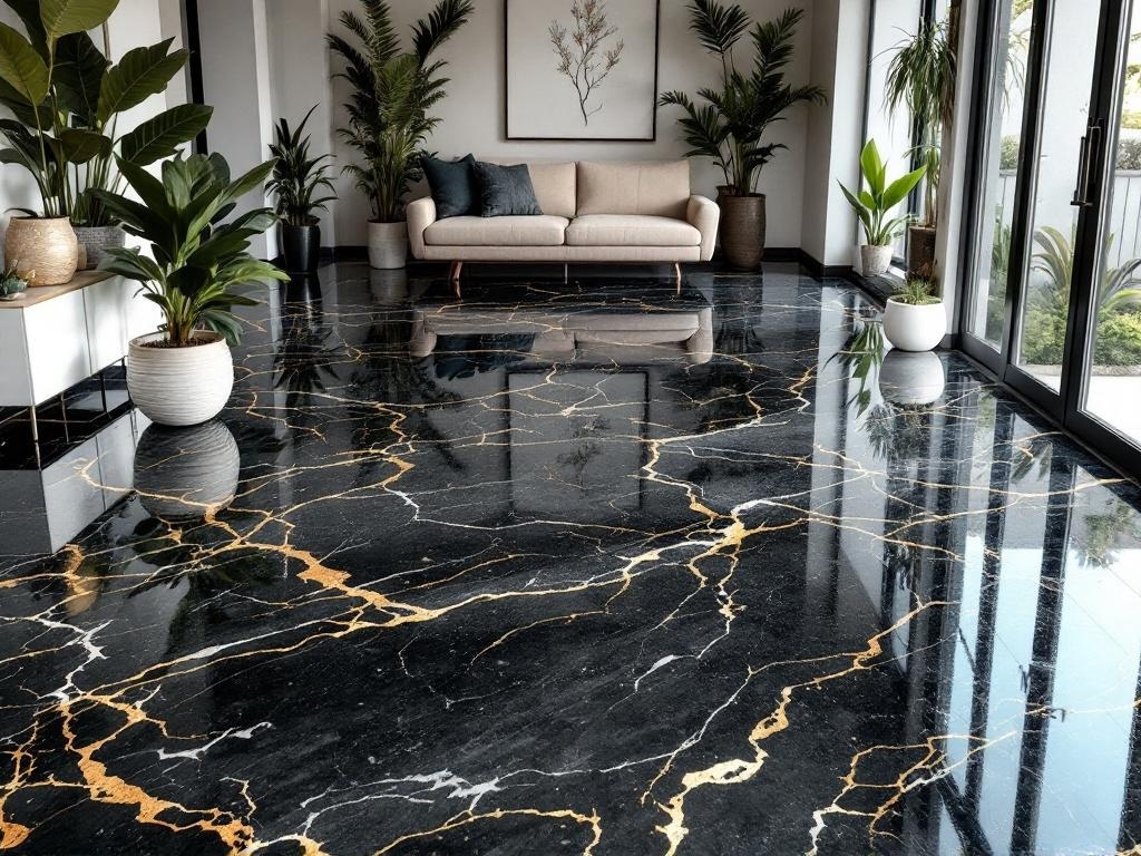Luxurious black epoxy floor with golden veins in a modern interior