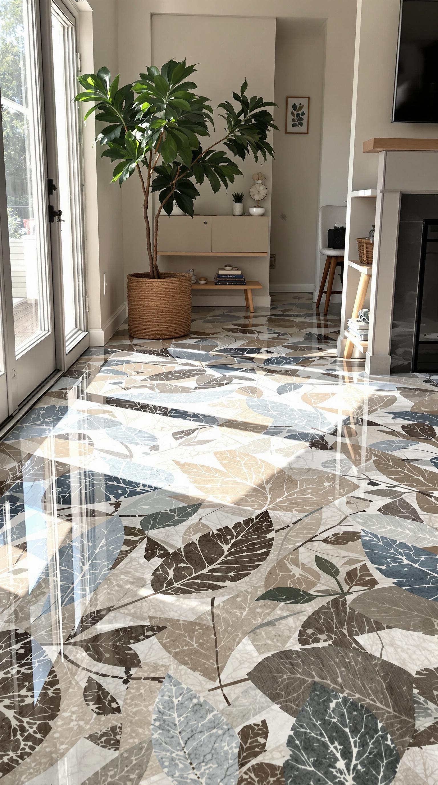 Nature-inspired epoxy floor with leaf patterns in a modern living space