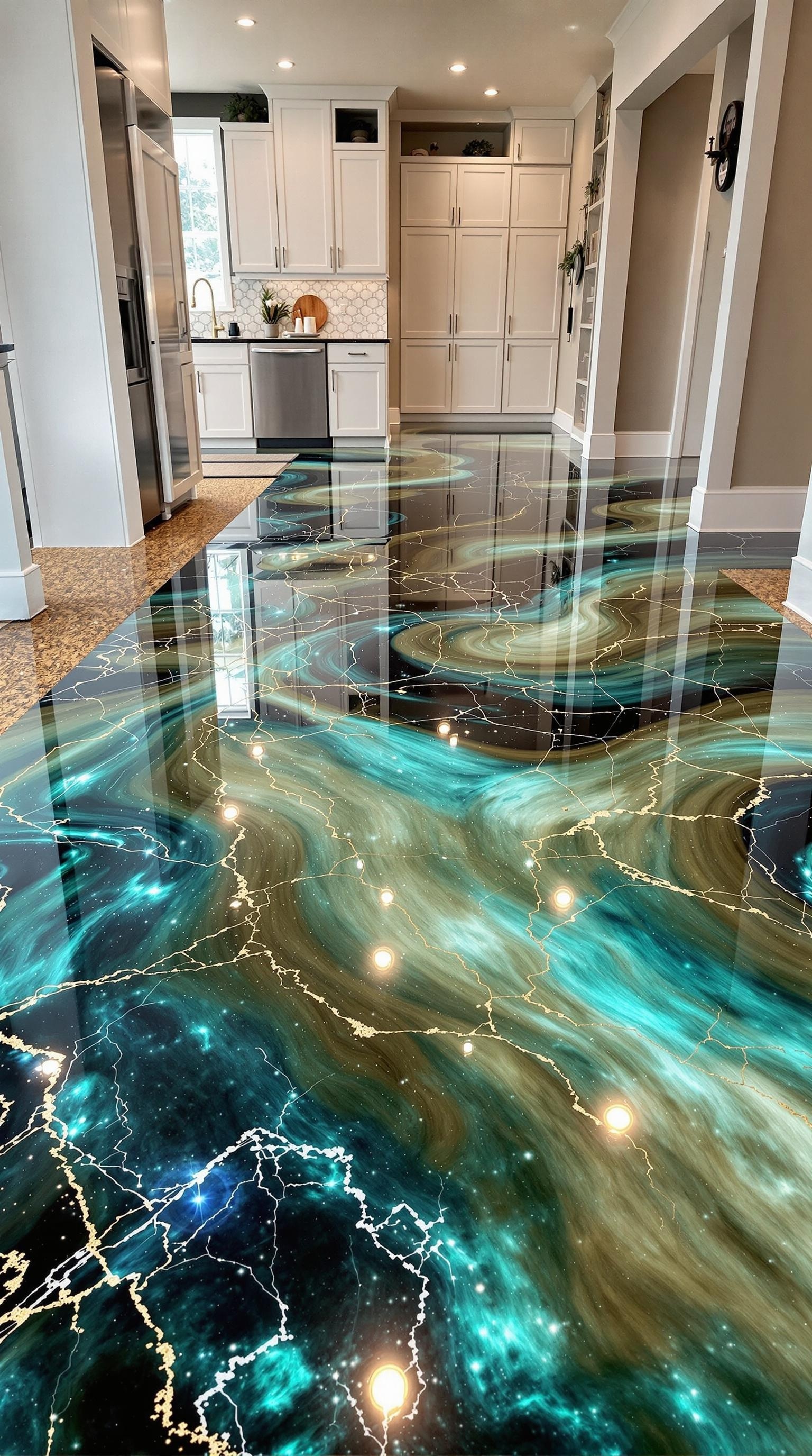 A beautifully designed epoxy floor that resembles swirling waters, showcasing rich blues and earthy tones.