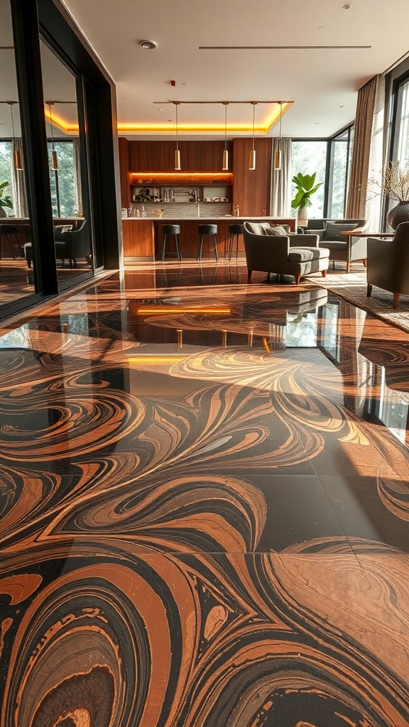 Luxurious copper metallic epoxy floor in a modern living space with elegant furniture and warm lighting.