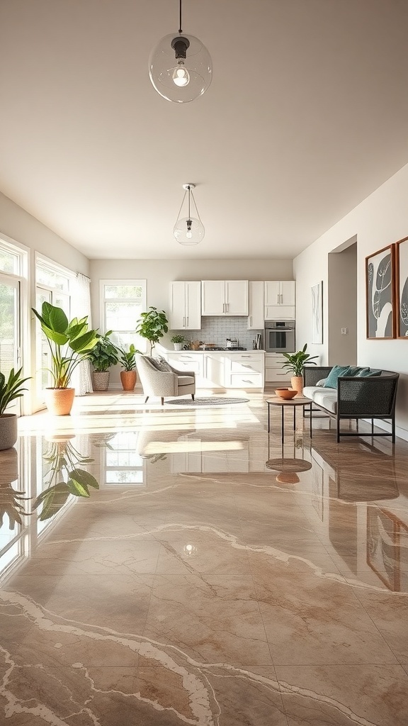 A modern kitchen and living area featuring a marble-look epoxy floor, with plants and stylish furniture.