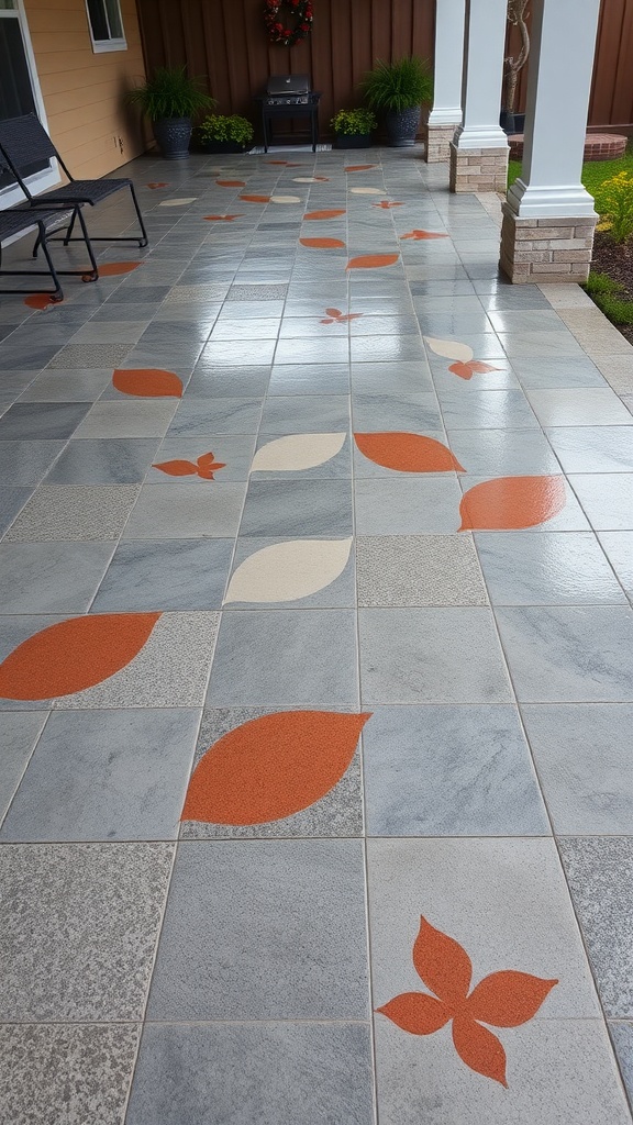A patio with nature-inspired epoxy floor design featuring leaf patterns in earthy tones.