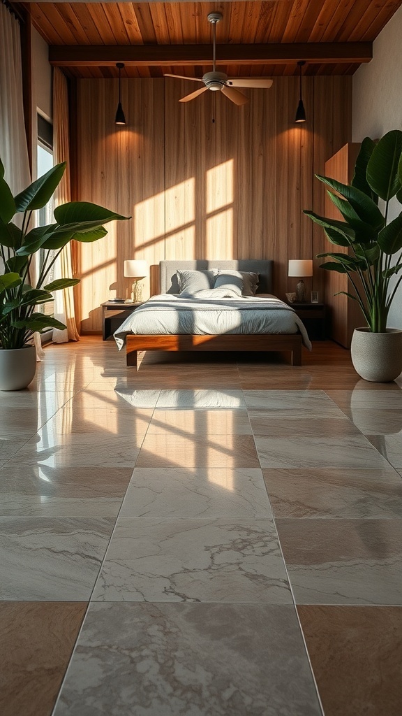 A beautifully designed bedroom with marble epoxy flooring, wooden accents, and plants.