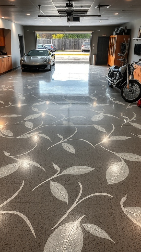 A garage with a metallic epoxy floor featuring leaf patterns, showcasing a car and motorcycle.