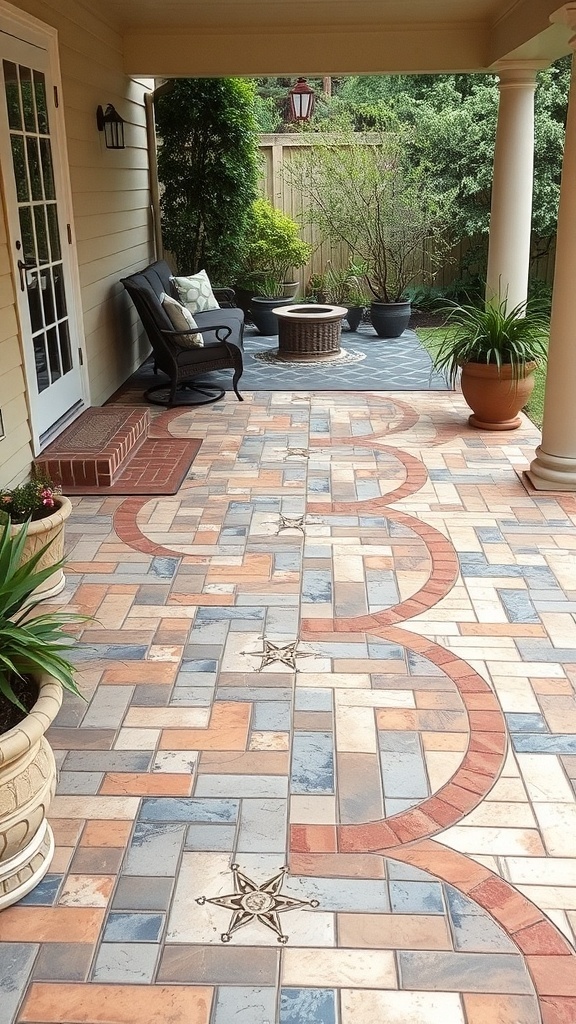 A beautifully designed patio featuring stamped concrete patterns in warm tones, surrounded by plants and outdoor furniture.