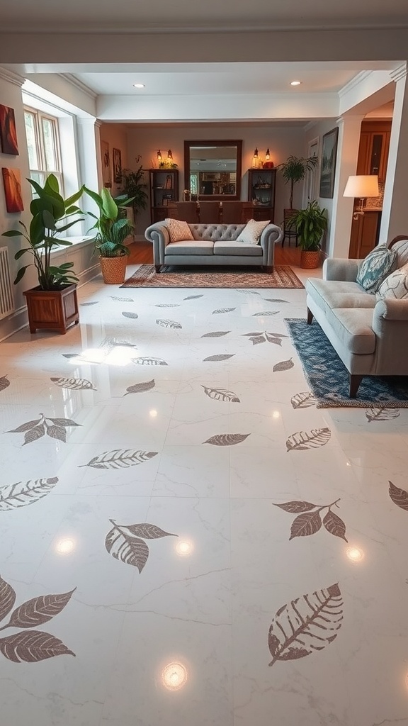 Living room with epoxy floor featuring leaf imprints and elegant decor