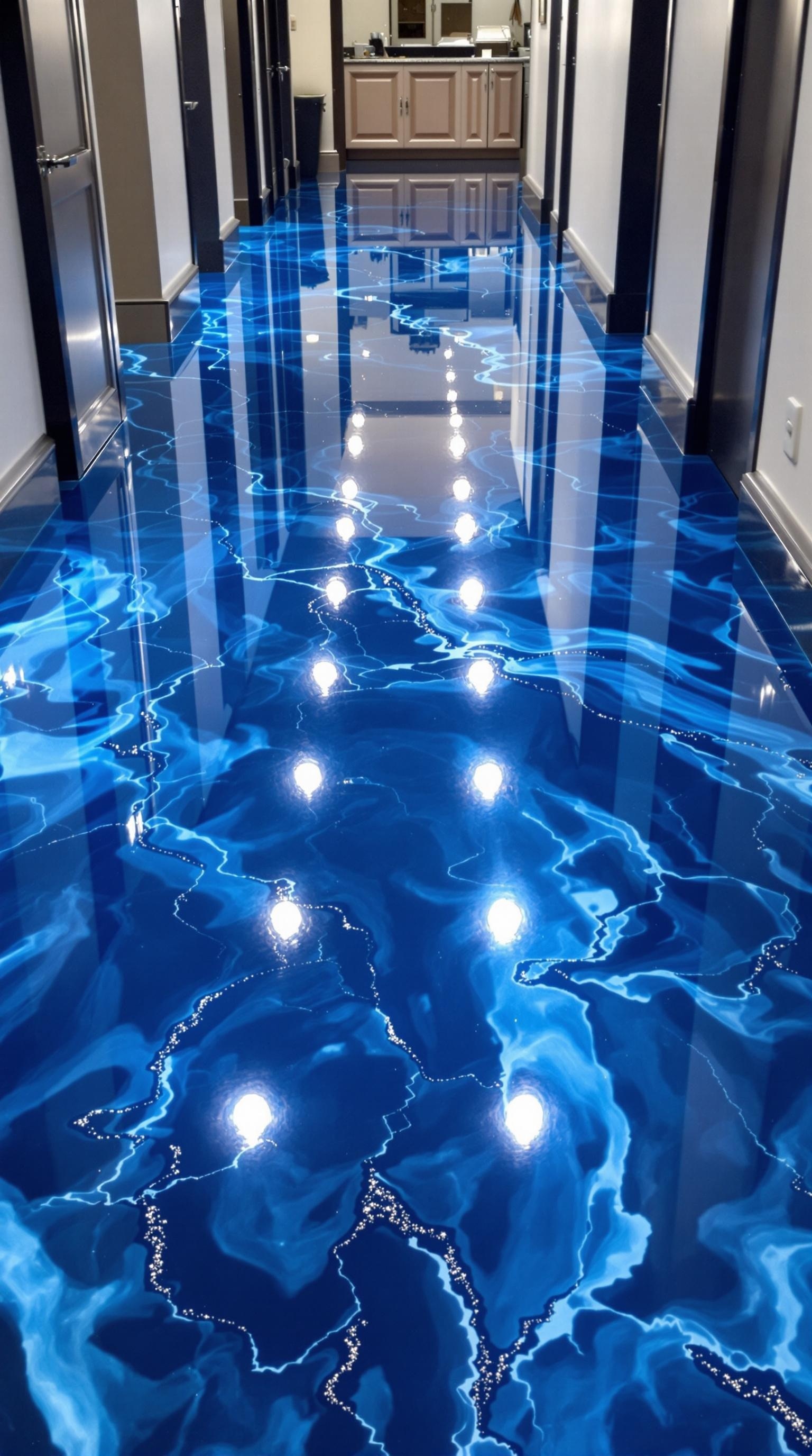 A hallway with glossy blue epoxy flooring that resembles ocean waves.