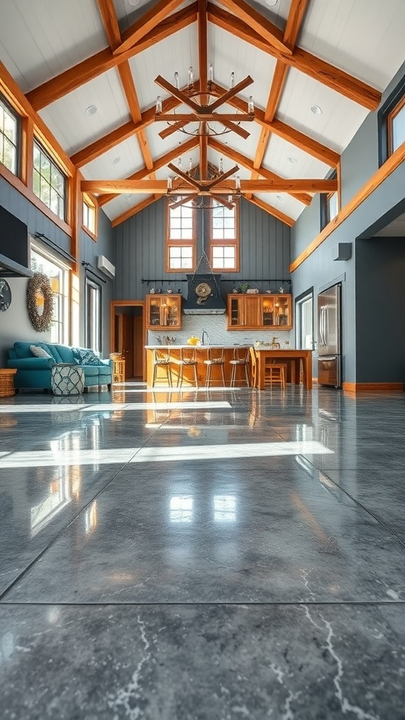 Interior of a barndominium showcasing polished epoxy flooring and wooden beams.