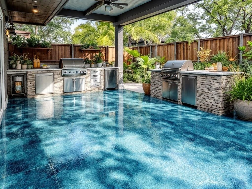 Outdoor barbecue station with ocean-inspired blue and green epoxy flooring, featuring stainless steel grills and lush greenery.