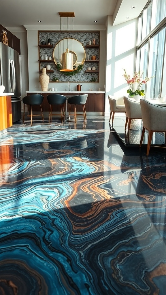 A modern kitchen with ocean-inspired blue and copper metallic epoxy flooring, showcasing elegant design and natural light.