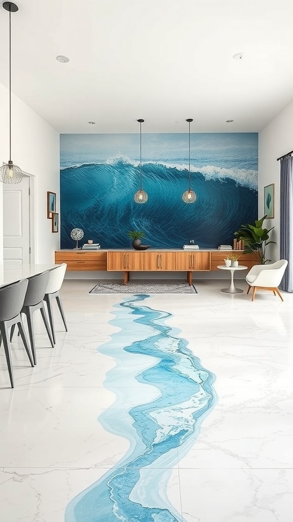Ocean wave epoxy art floor design in a modern living room