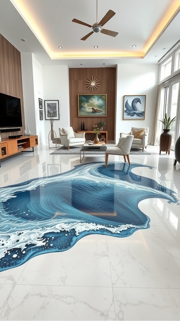 A living room featuring an Ocean Wave Epoxy Design floor, with blue and white wave patterns, complemented by modern furniture.