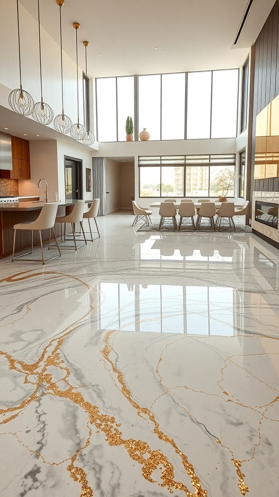A modern interior featuring an elegant epoxy floor with marble patterns and gold accents, showcasing a bright and airy space.