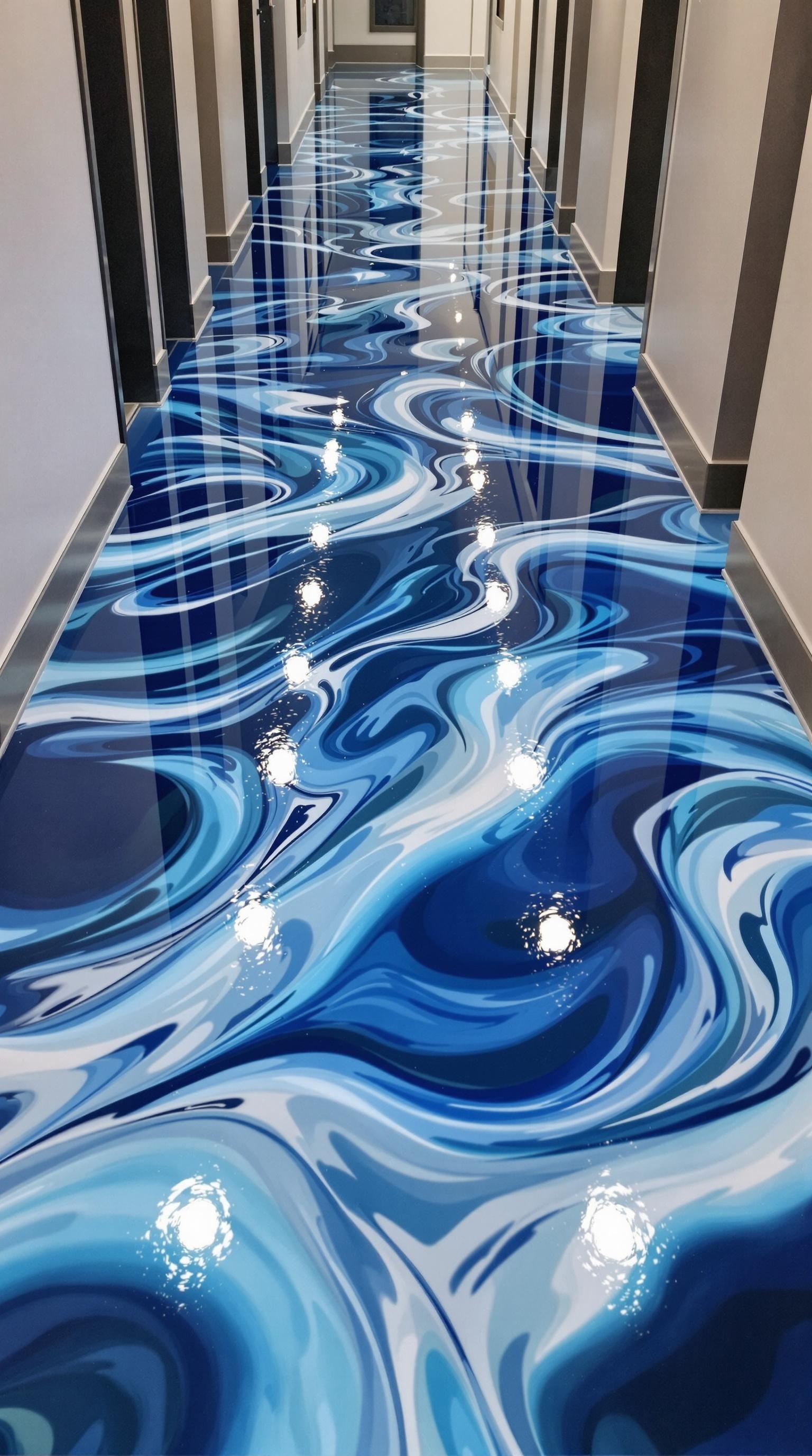 A hallway with a glossy ocean wave epoxy floor design featuring swirls of blue and white.