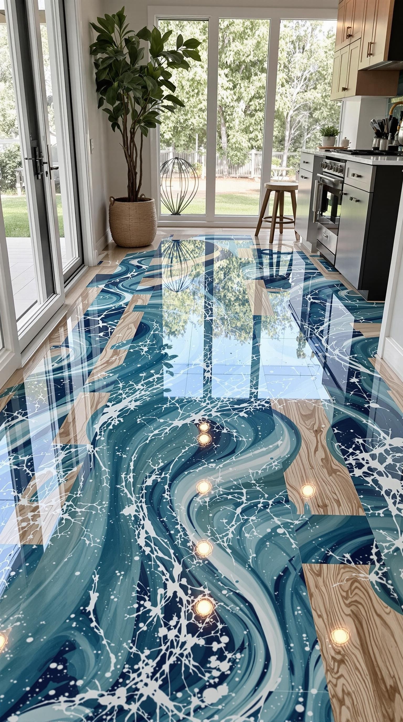 A stunning epoxy floor design featuring ocean wave patterns in blue and white, complemented by wood accents.