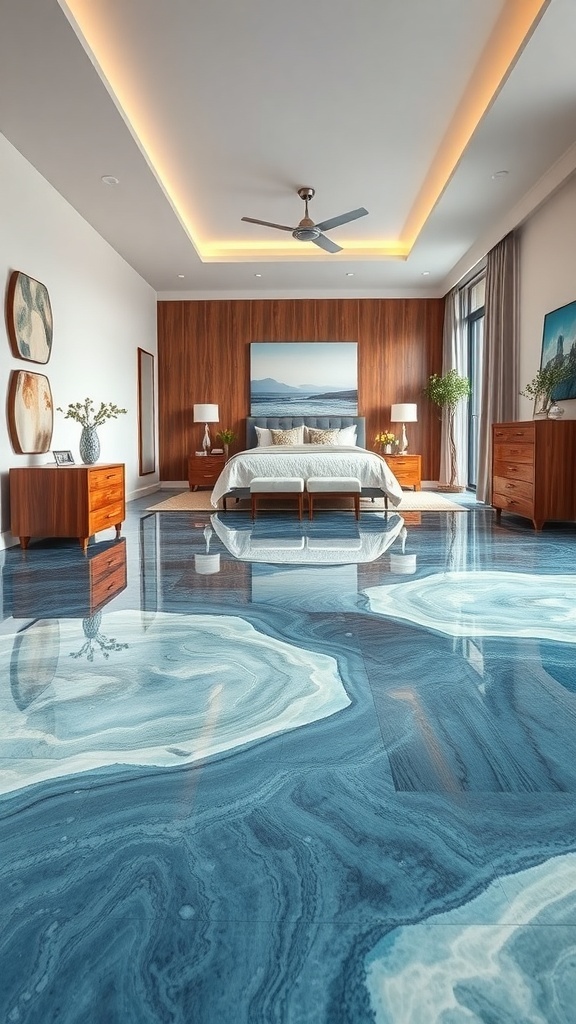 A modern bedroom with ocean wave inspired epoxy flooring, showcasing blue tones and swirling patterns.