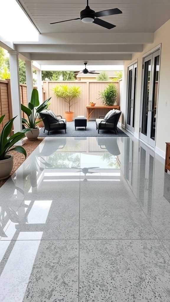 Stylish outdoor patio with polished epoxy flooring, featuring seating and plants.