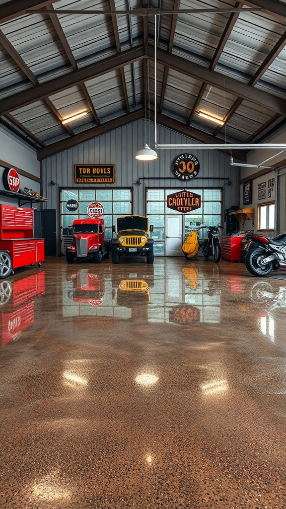 A sleek garage workshop with a high-gloss epoxy floor, showcasing various vehicles and tools.