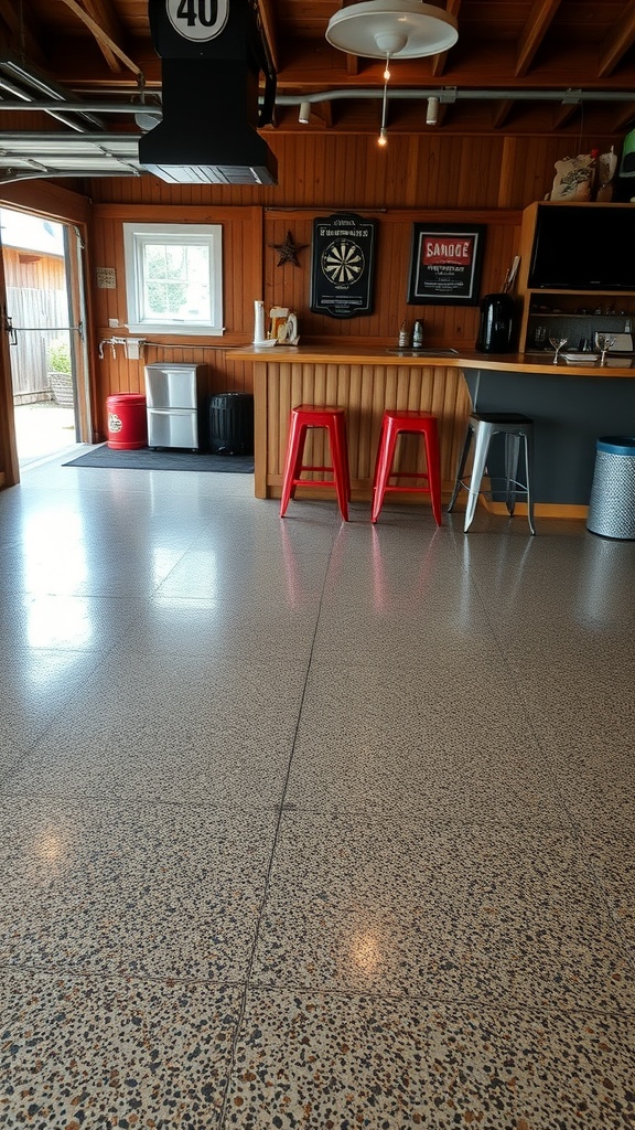 Stylish garage bar with polished epoxy flooring and rustic decor