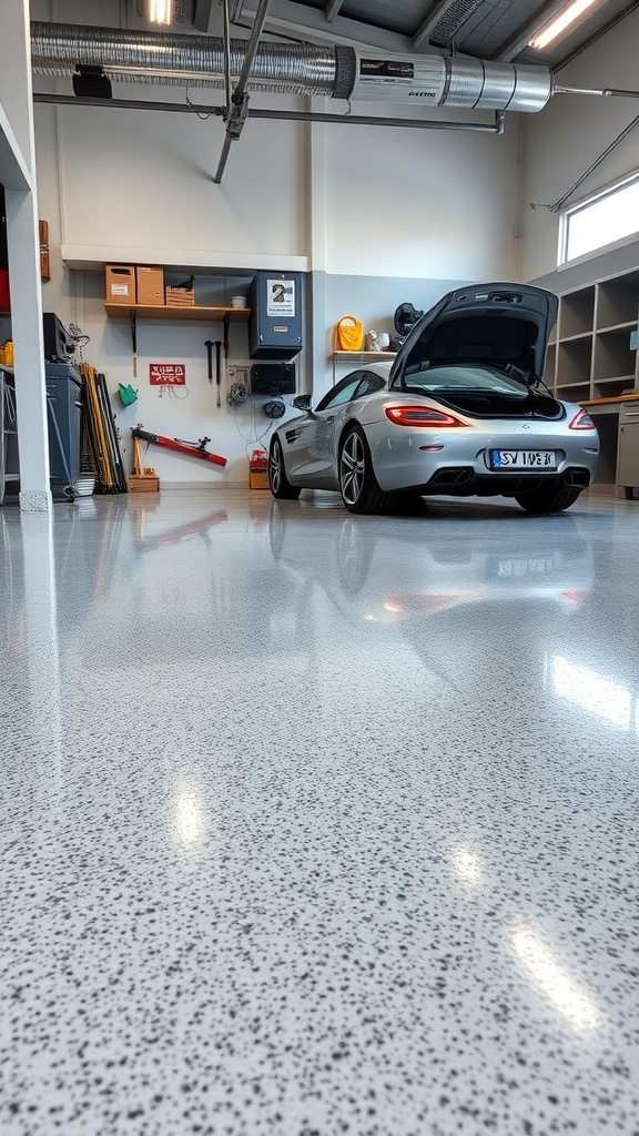A modern garage with a shiny speckled epoxy floor and a car parked inside.