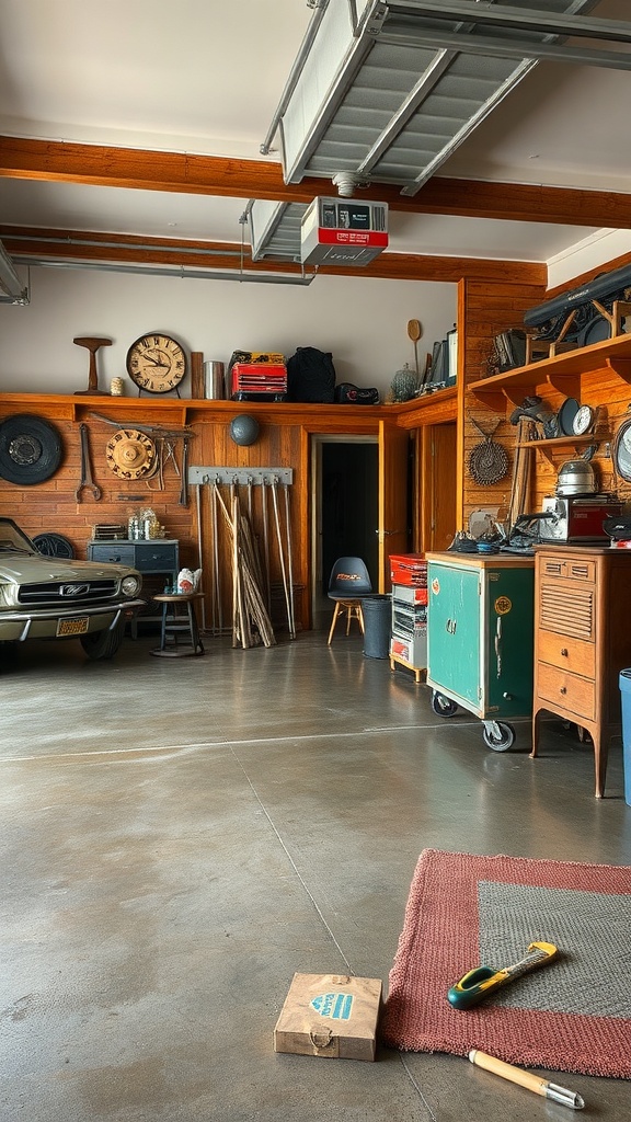 A spacious garage with a polished epoxy floor, wooden cabinets, and an open ceiling, showcasing a rustic yet modern design.