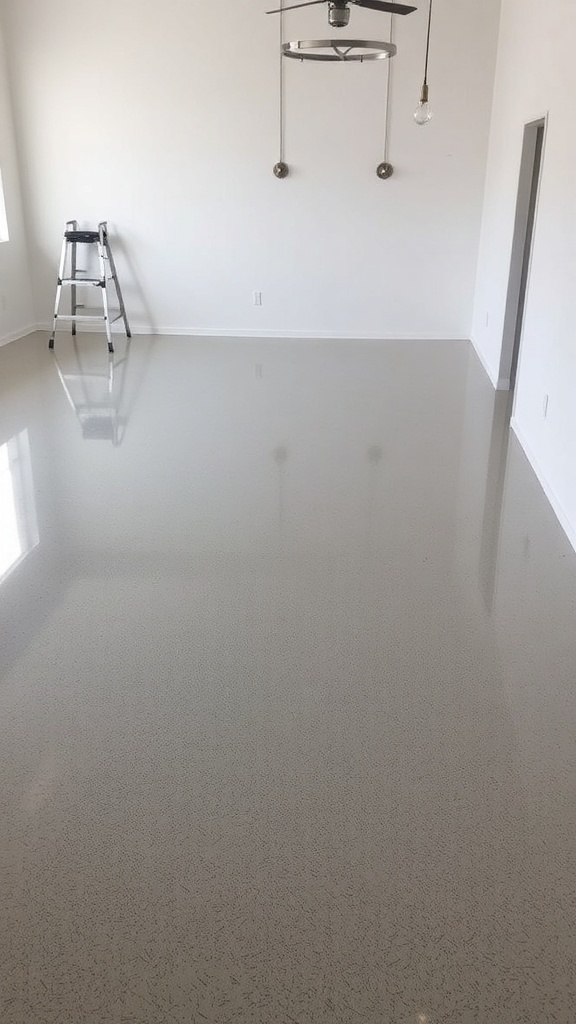 Before and after image of a space transformed with brown metallic epoxy flooring.
