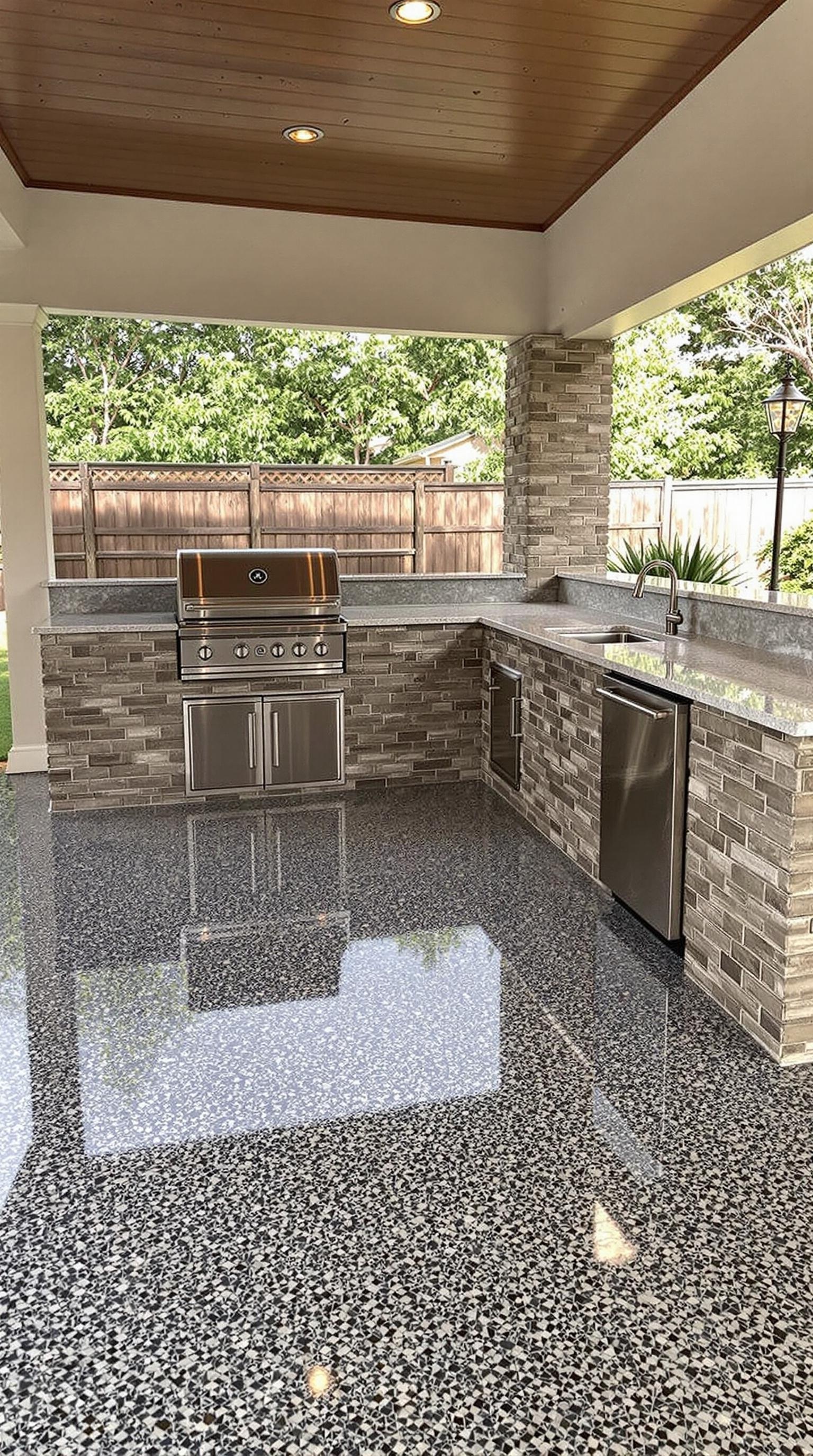 A modern outdoor kitchen with a sleek epoxy floor, stainless steel appliances, and stone accents.