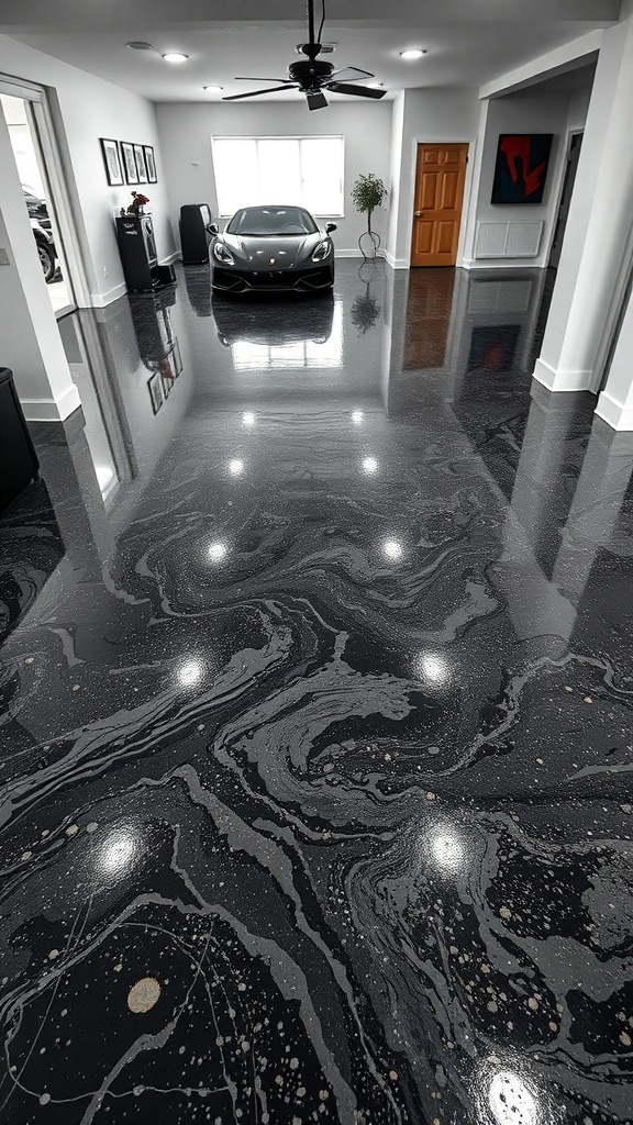 A sleek, glossy epoxy floor in a modern garage with a luxury car.