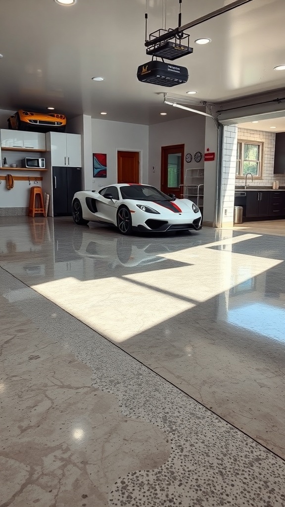 A modern garage with a sleek car and shiny epoxy floor reflecting light.