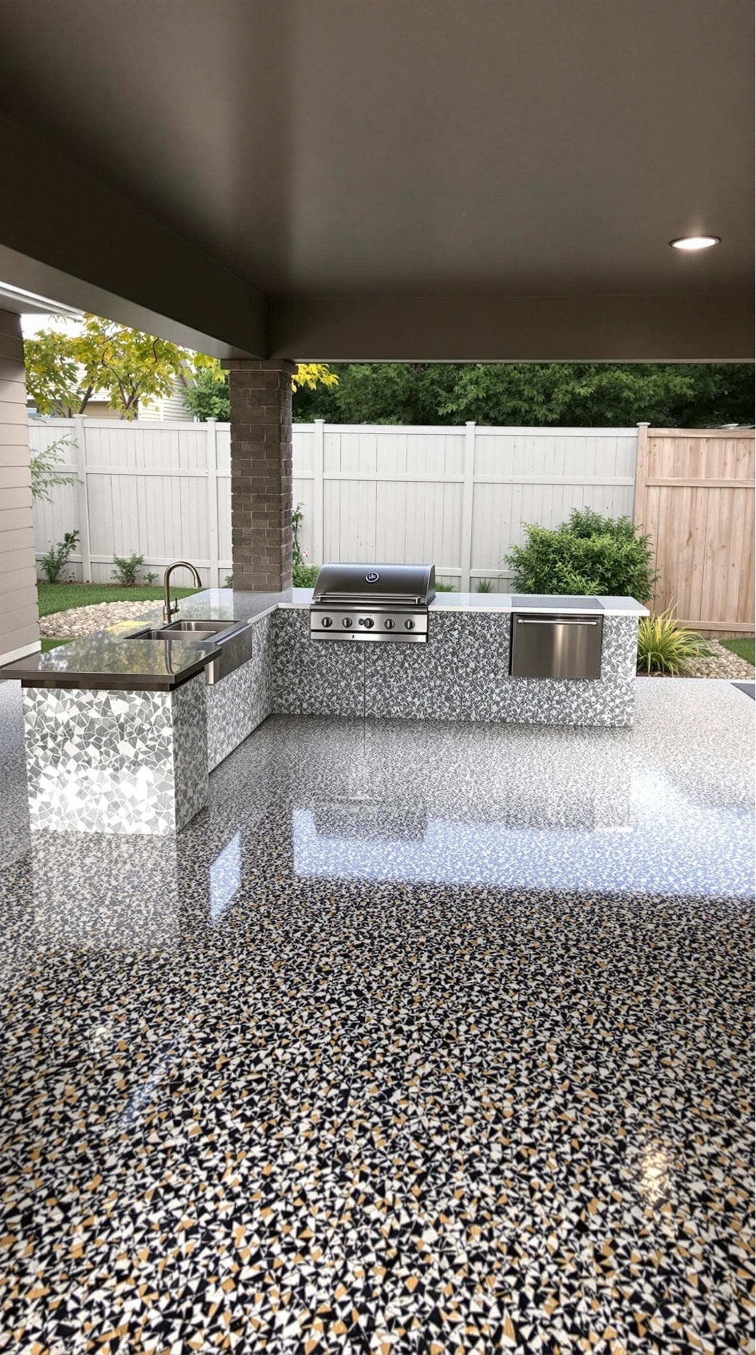 A modern outdoor kitchen featuring a sleek epoxy floor and stainless steel appliances.