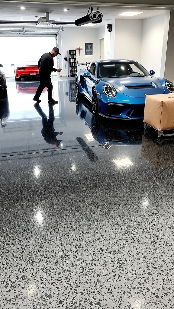 A modern garage with a blue sports car on a glossy epoxy floor, showcasing the quick installation process of epoxy flooring.