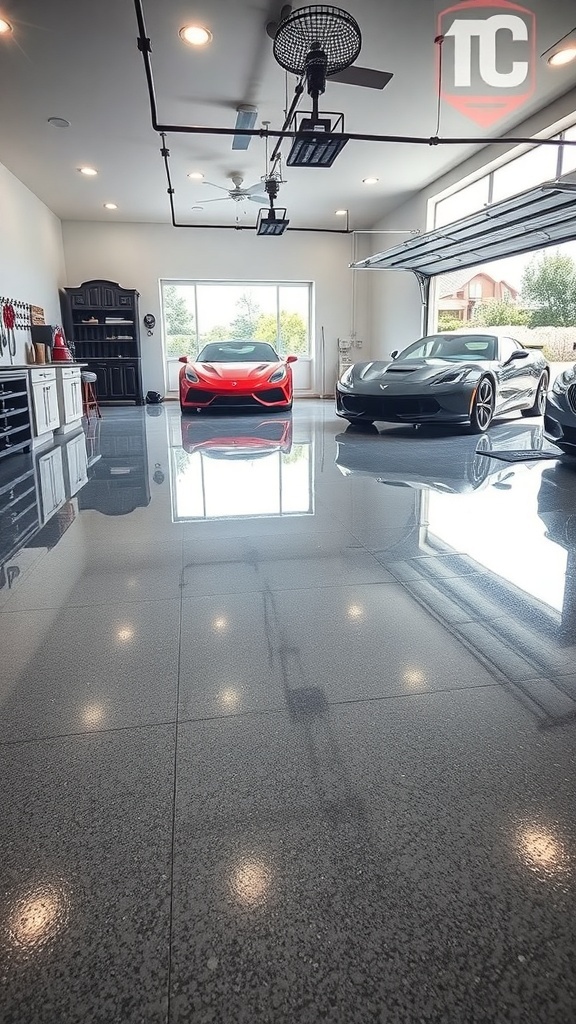 A modern garage with shiny epoxy floors and two luxury cars.