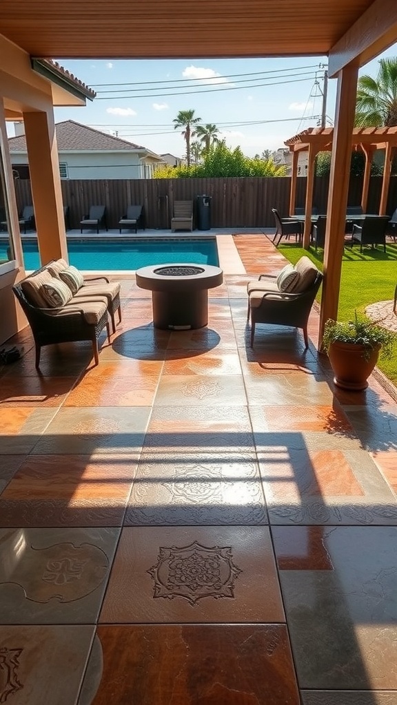 A stunning patio with glossy epoxy flooring and stamped concrete designs, featuring a fire pit and seating area.